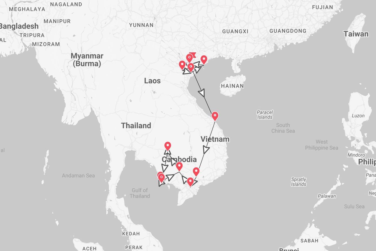 Una mappa che illustra un itinerario di viaggio con tappe nel Vietnam settentrionale e meridionale e in Cambogia.
