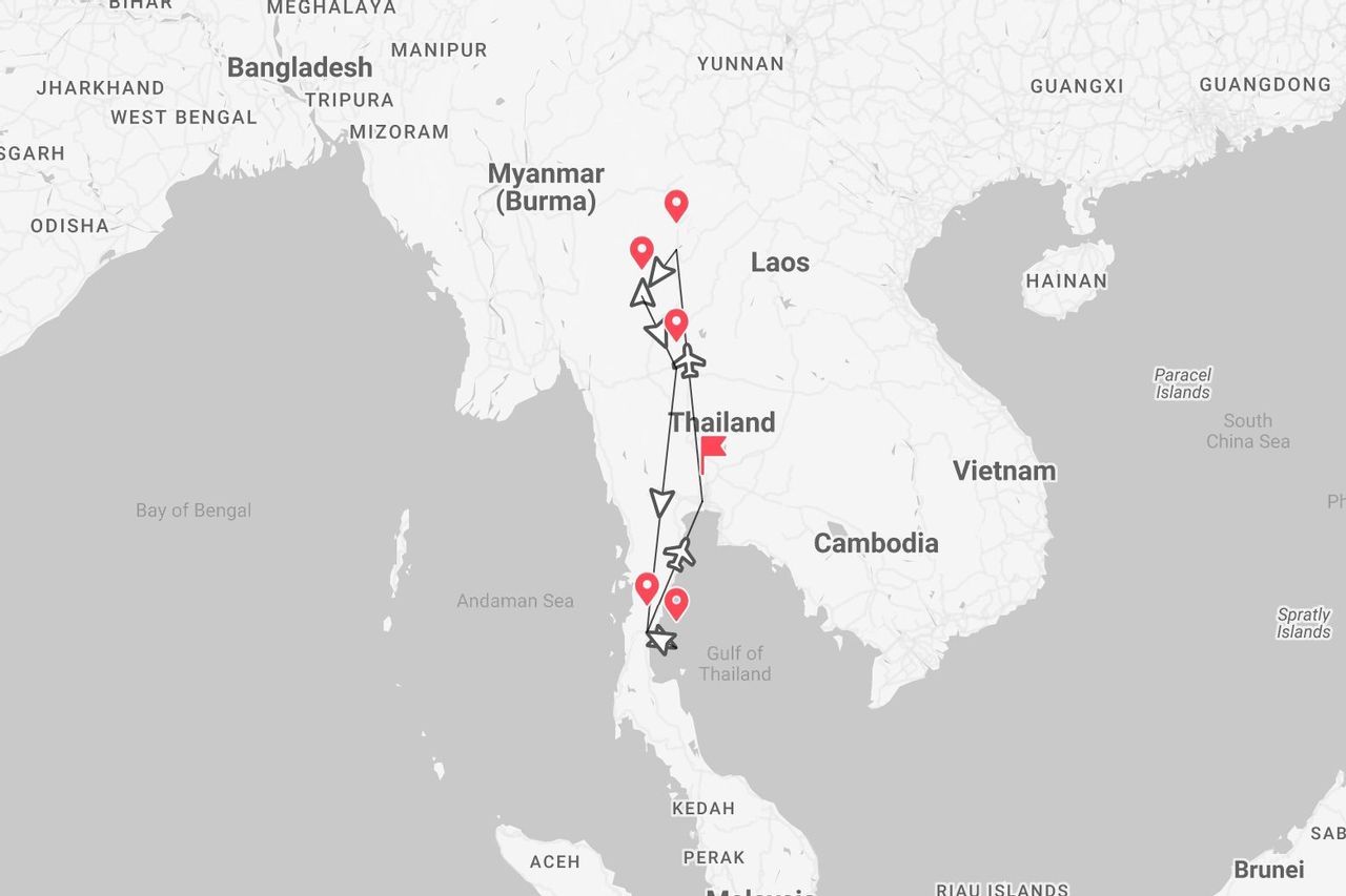 A map of a travel itinerary through Thailand, showing a route from the northern border with Myanmar down to the southern coast.