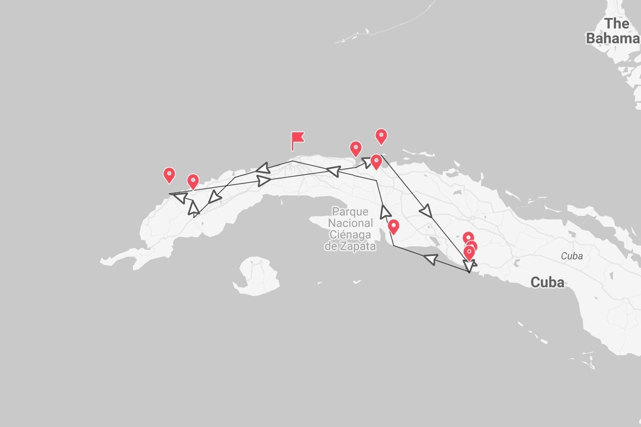 Mappa di Cuba con itinerario di viaggio e tappe segnate da puntine rosse sull'isola.