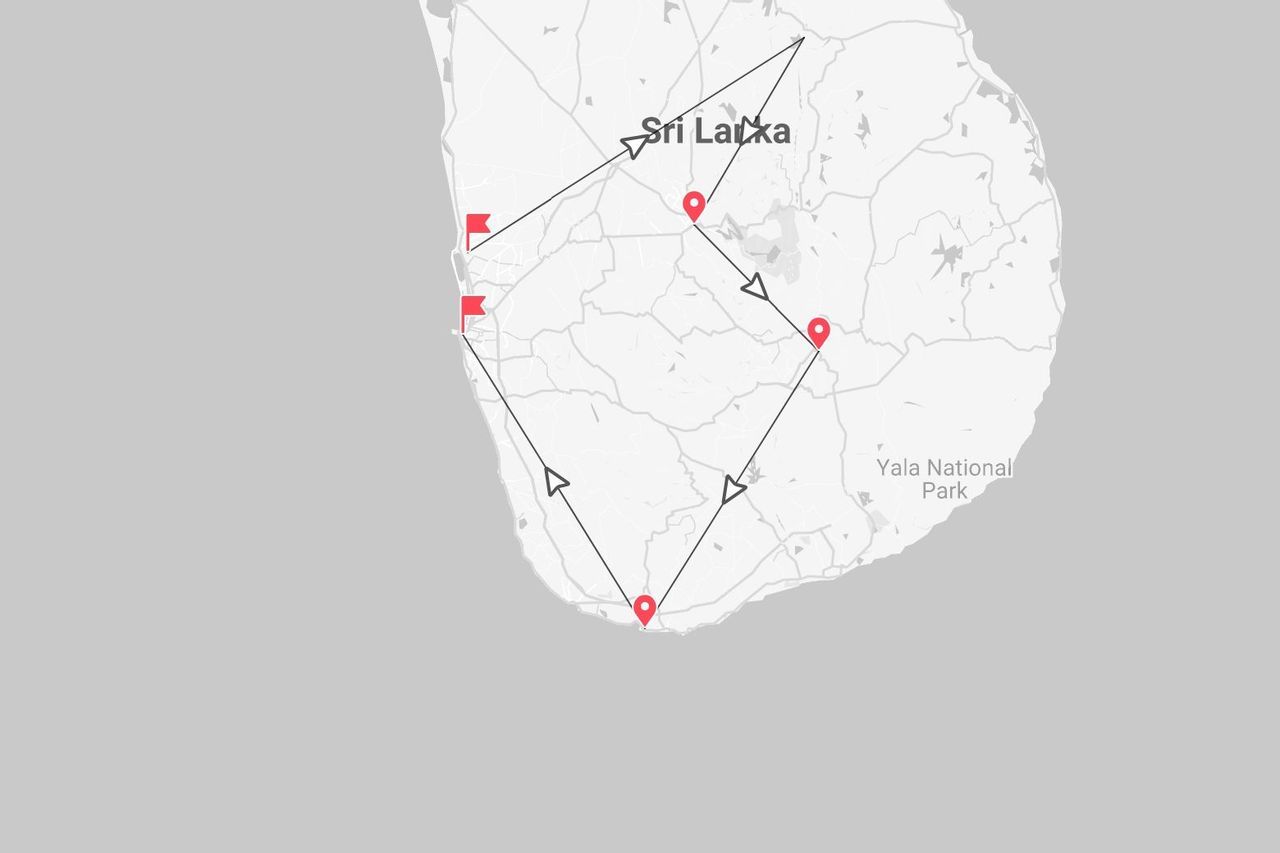 Mappa di un itinerario di viaggio in Sri Lanka, con il percorso indicato da linee e puntine rosse, che tocca il Parco Nazionale di Yala.