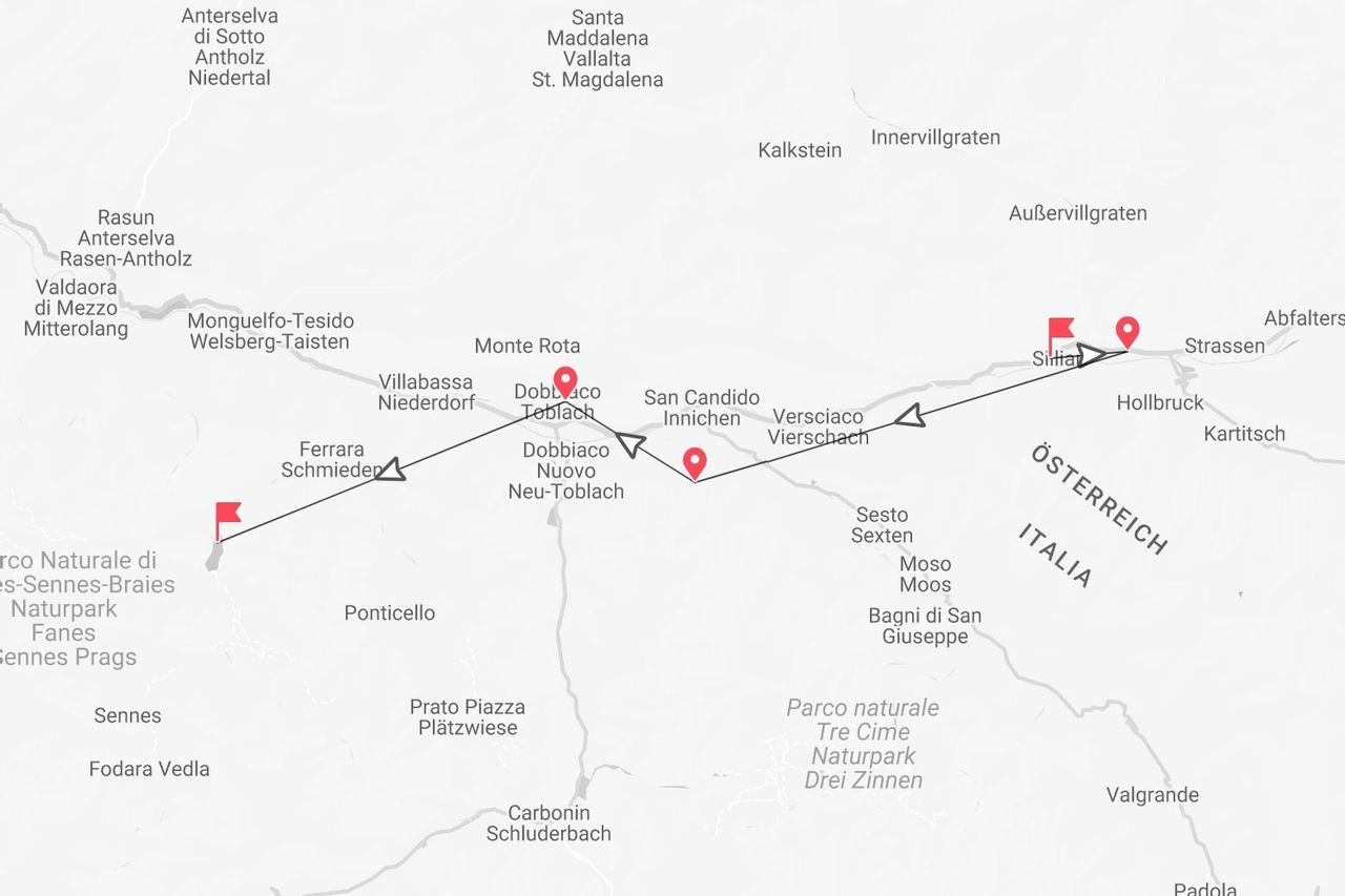 Itinerario di viaggio dall'Italia all'Austria, con tappe come Dobbiaco, San Candido e Sillian.