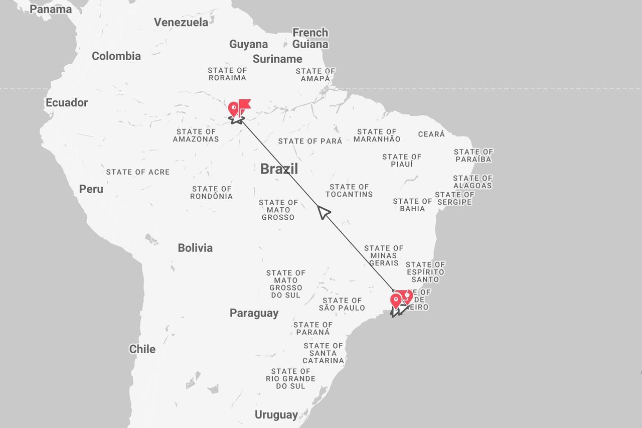 Mappa del Brasile con percorso di viaggio dallo Stato dell'Amazzonia allo Stato di Rio de Janeiro, evidenziato da una linea e da segnaposto.