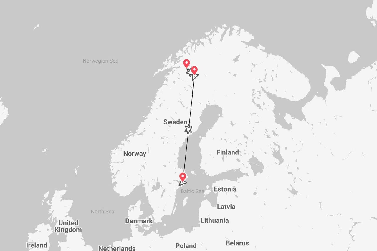 Un mapa de Escandinavia mostrando un itinerario de viaje desde el Mar Báltico a través de Suecia hasta el norte de Noruega.