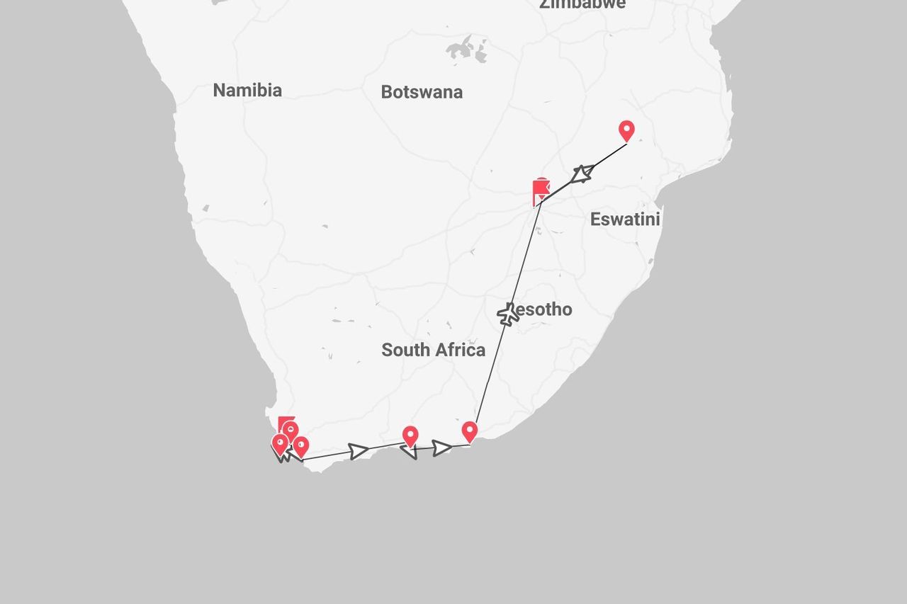 A map of Southern Africa showing a travel route through South Africa, with stops marked by red pins and the path shown by a black line.