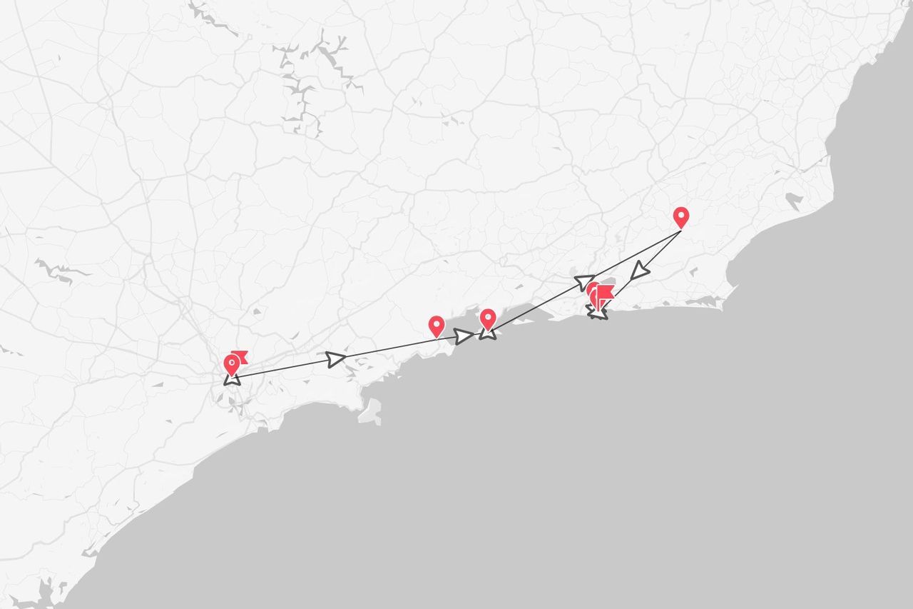 A stylized map displaying a travel route along a coastline, marked with red location pins and directional arrows.