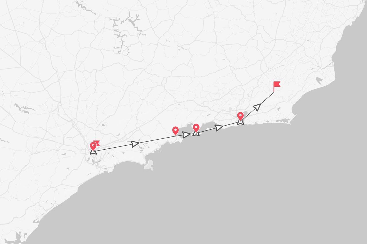 A stylized map showing a travel itinerary along a coastline, marked with a line and red pins indicating stops.
