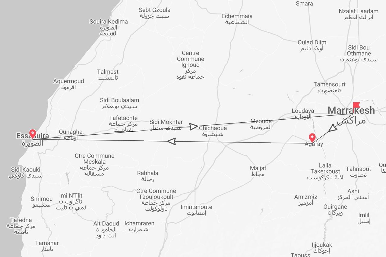 Marokko-Karte mit geplanter Reiseroute von Essaouira nach Marrakesch und einem Stopp in Agafay.