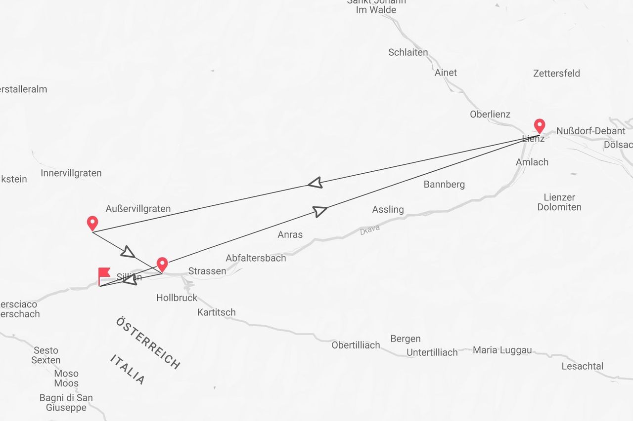 A map illustrating a travel itinerary in Austria between Sillian, Außervillgraten, and Lienz, with route lines and location pins.