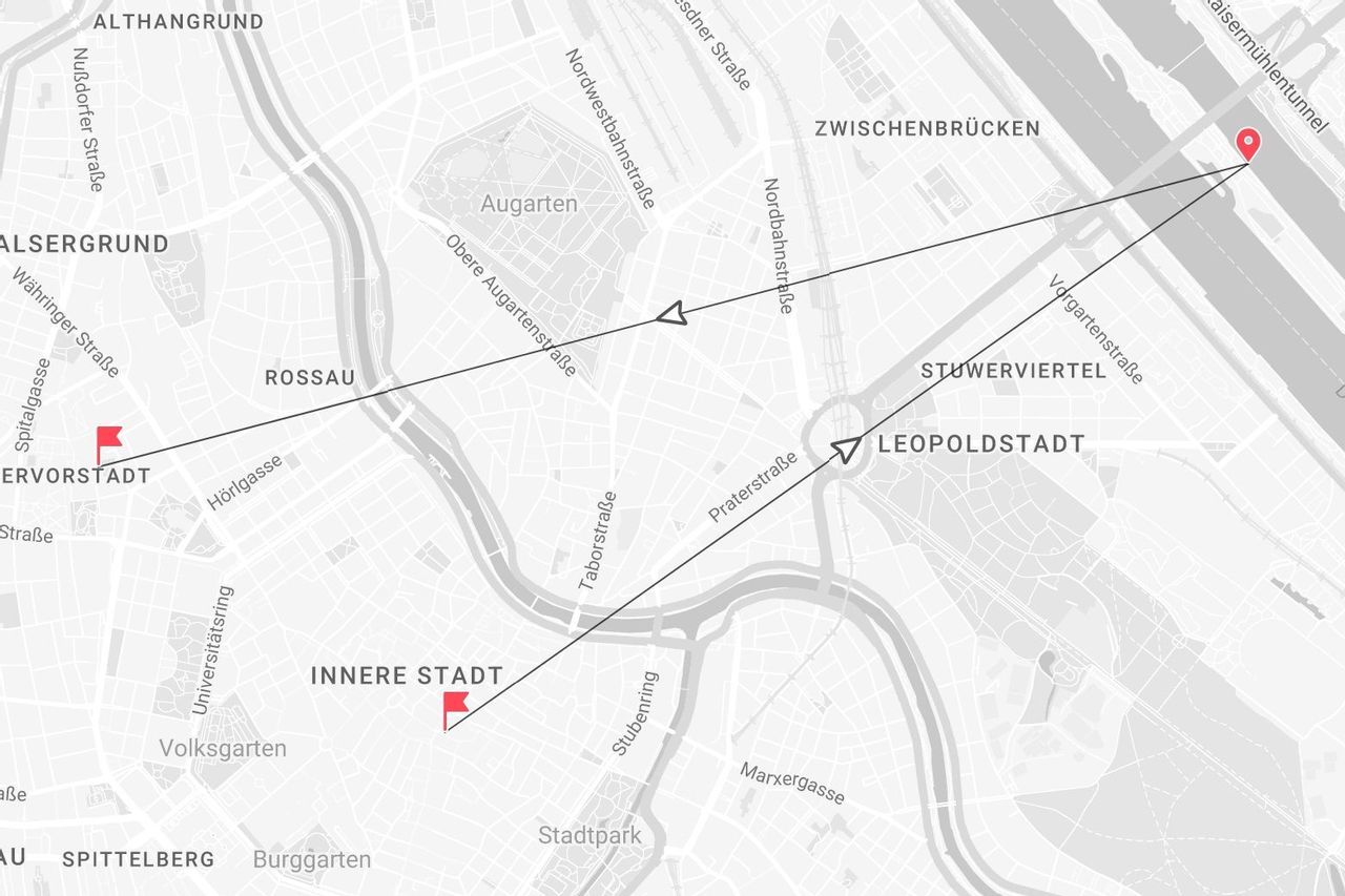 Un mapa en escala de grises que muestra una ruta con marcadores rojos por distritos de la ciudad como Innere Stadt, Rossau y Leopoldstadt.