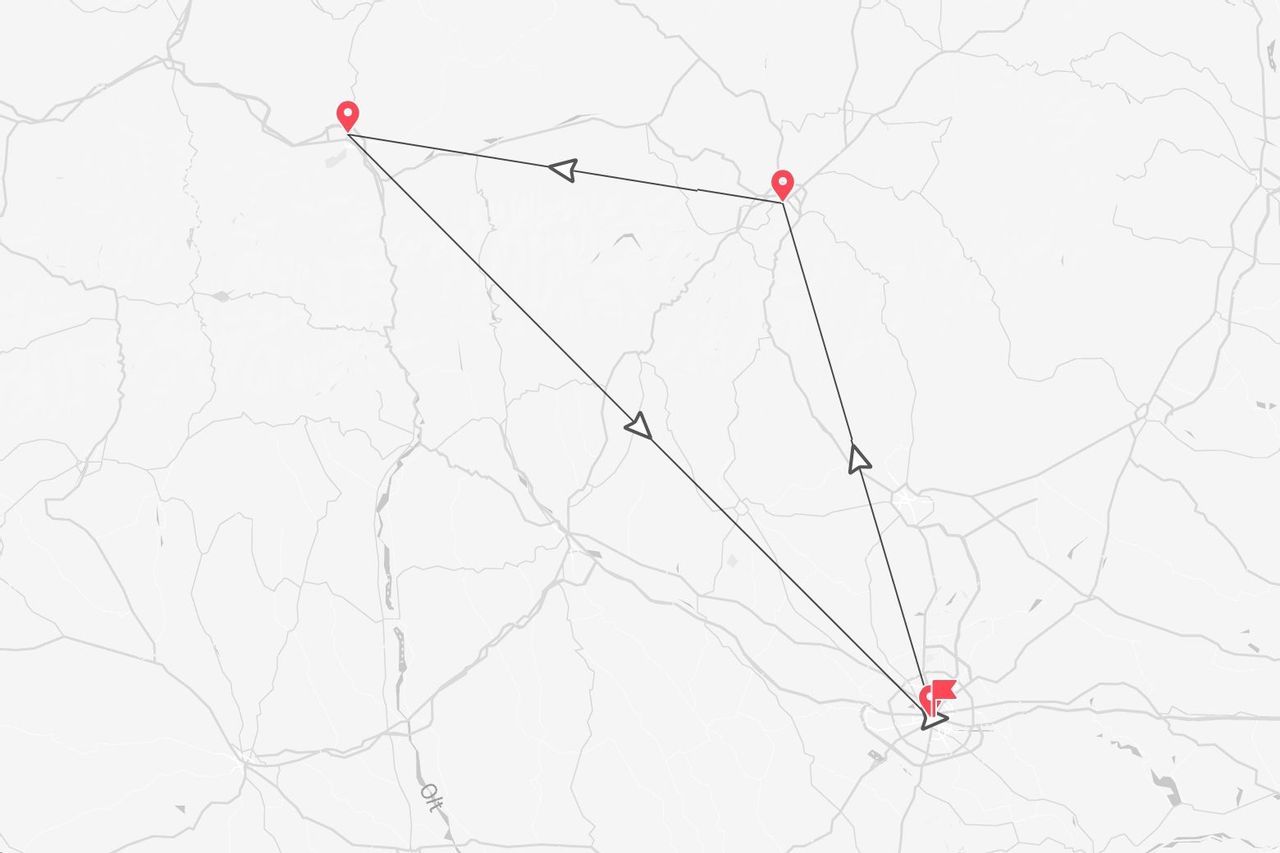 A minimalist map showing a travel itinerary connecting four red location pins with arrows, ending at a red flag pin.
