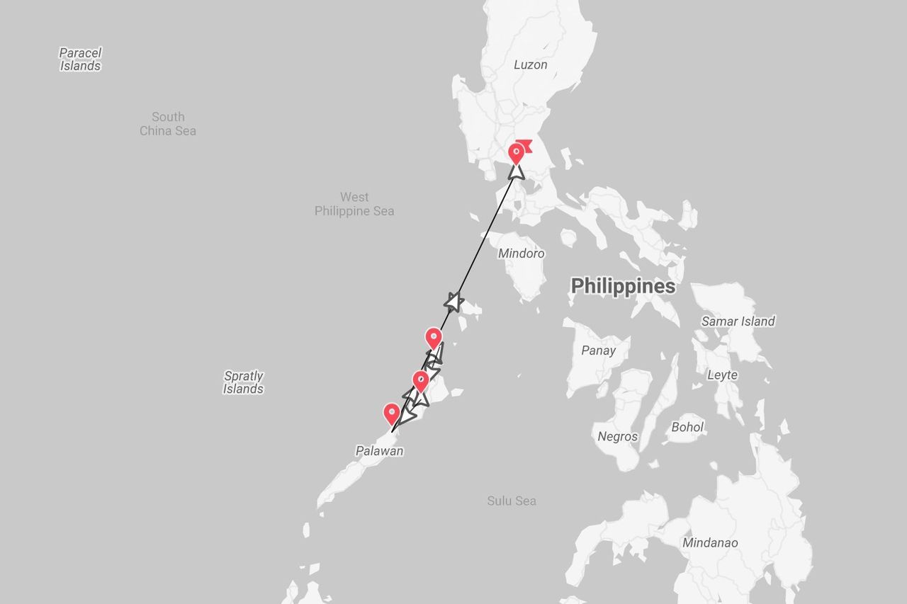 Una mappa delle Filippine con un itinerario di viaggio evidenziato da una linea e punti, con partenza da Luzon e arrivo a Palawan.
