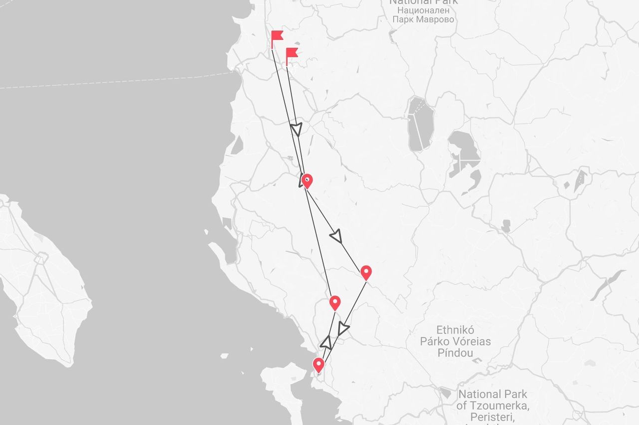 A map showing a travel itinerary through Albania and Greece, passing by Mavrovo and Pindou National Parks.