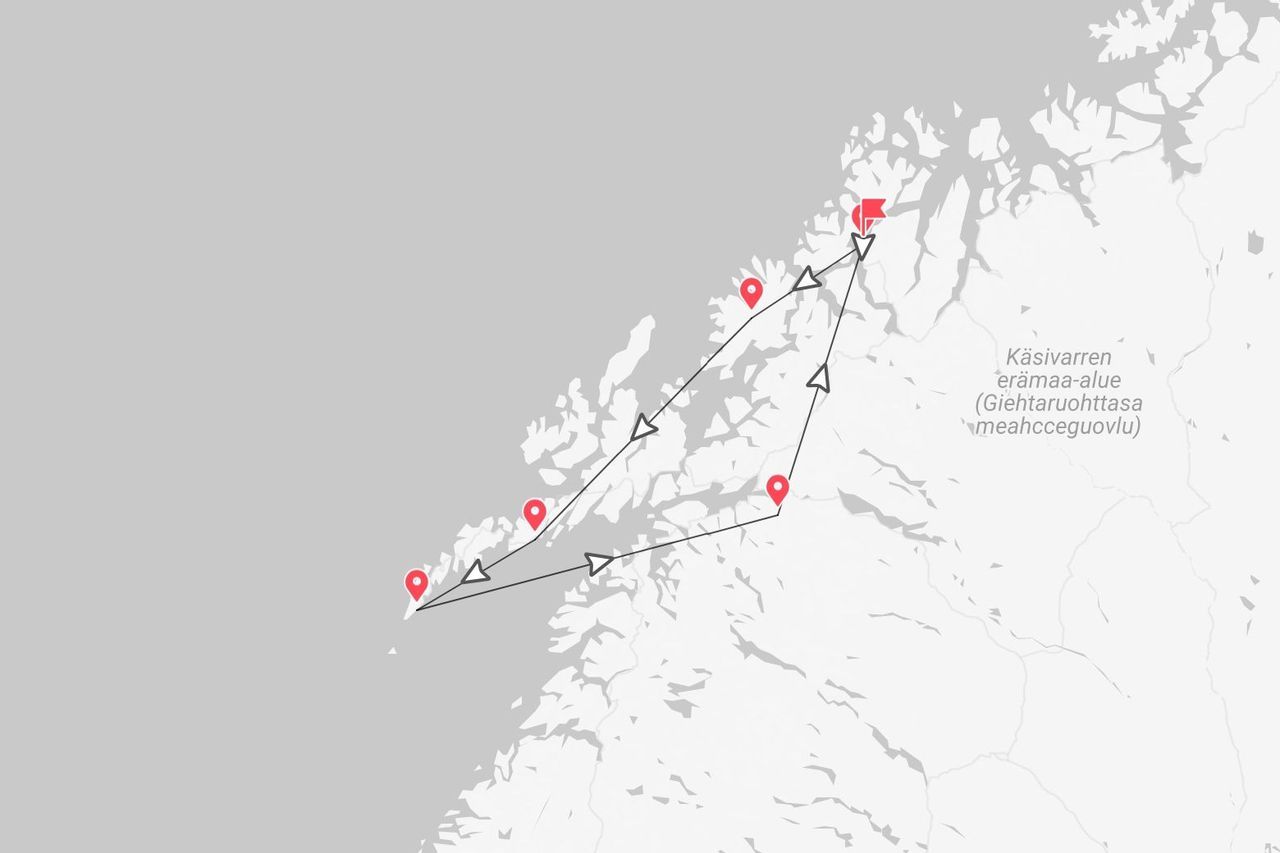 Mappa di un percorso di viaggio con tappe lungo la costa vicino all'area selvaggia Käsivarren erämaa-alue.