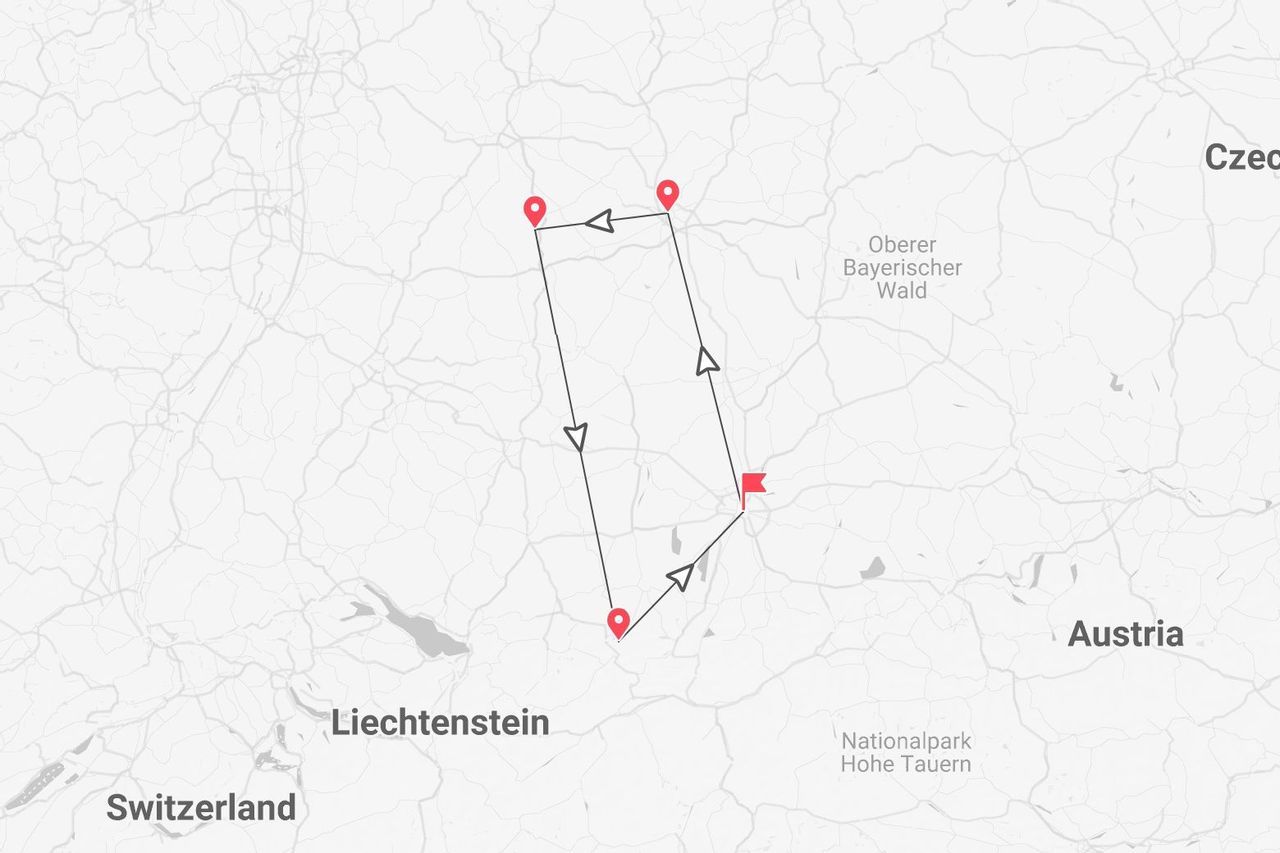 Una mappa che mostra un itinerario di viaggio attraverso Austria e Germania, con paesi vicini come Svizzera e Liechtenstein anch'essi visibili.