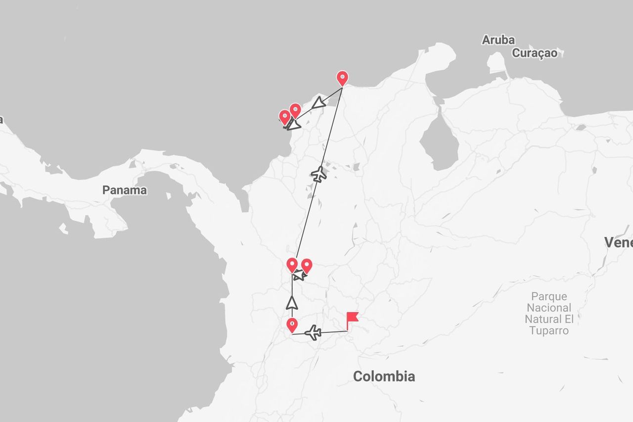 Eine Karte Kolumbiens, die eine Reiseroute mit Pins und Flugrouten zeigt, die die Nordküste mit Zielen im Inland verbinden.