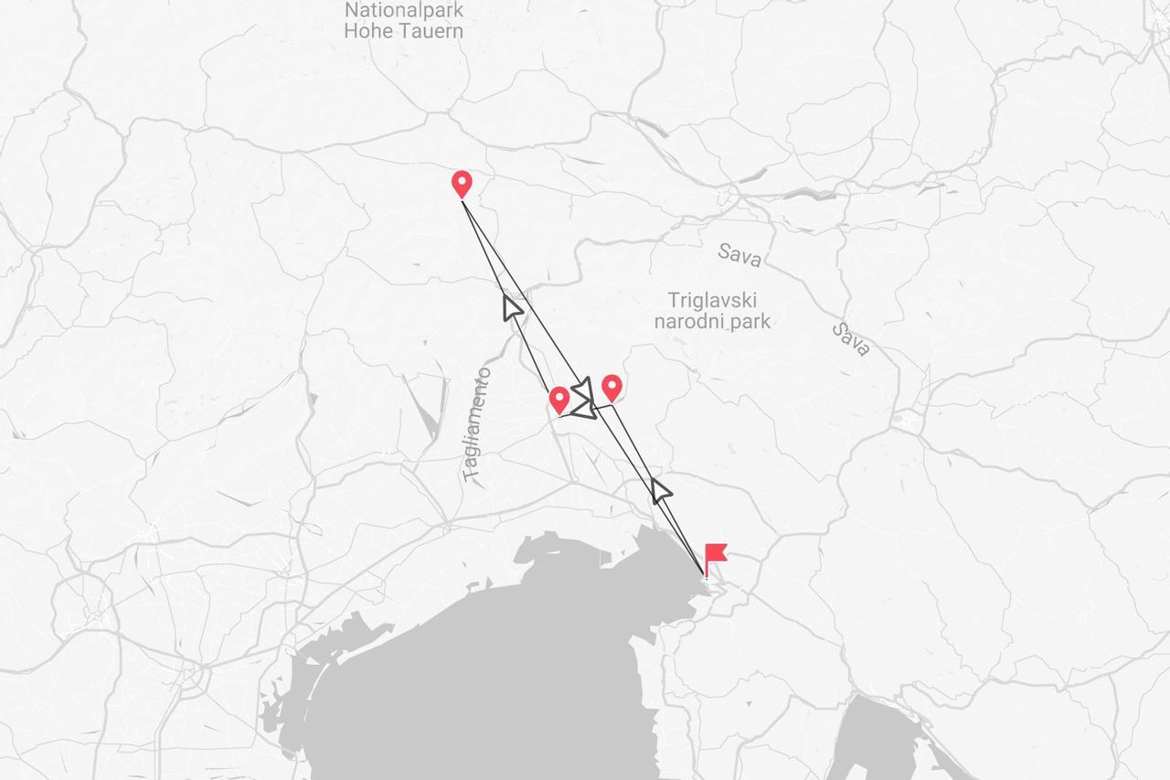 Mappa di un itinerario di viaggio con tappe, dal Parco Nazionale Alti Tauri al Parco Nazionale del Tricorno fino alla costa.