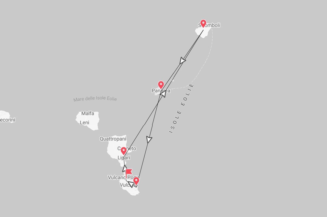 Una mappa che illustra un itinerario di viaggio attraverso le Isole Eolie, collegando Vulcano, Lipari, Panarea e Stromboli.