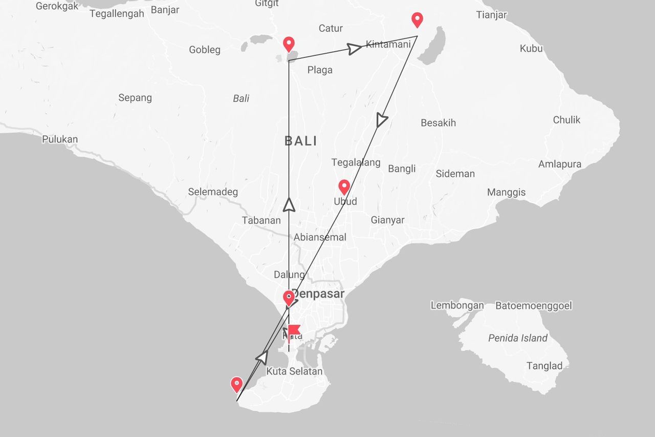 Mappa di Bali con itinerario di viaggio e tappe a Kuta Selatan, Denpasar, Ubud e Kintamani.