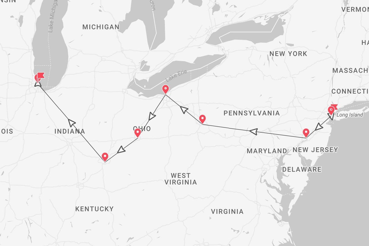 Una mappa degli Stati Uniti nord-orientali che mostra un itinerario di viaggio con partenza dall'Illinois e arrivo a New York.