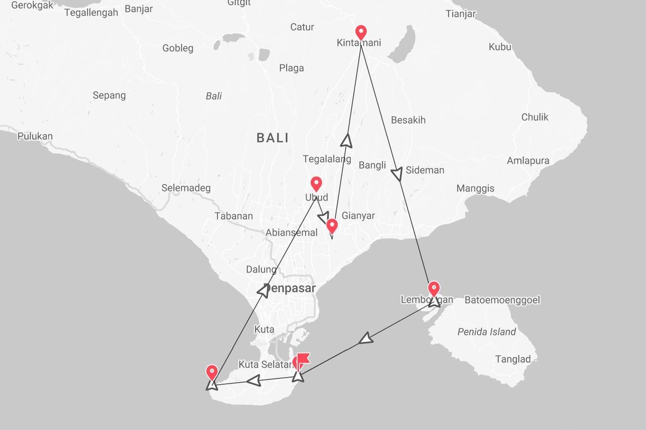 Una mappa di Bali che mostra un itinerario di viaggio con tappe a Kintamani, Ubud, Kuta Selatan e Lembongan.