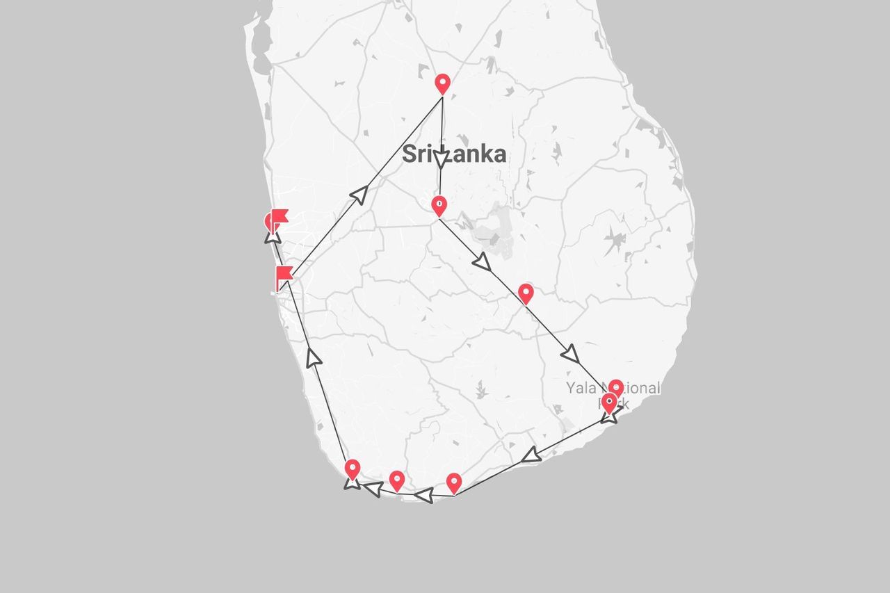 Mappa dello Sri Lanka con itinerario di viaggio circolare e tappe segnate da puntine rosse, incluso il Parco Nazionale di Yala.