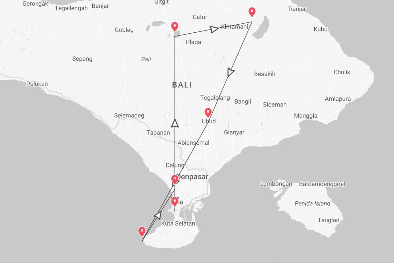 A map showing a travel itinerary across the island of Bali, with marked stops including Denpasar, Ubud, and Kintamani.