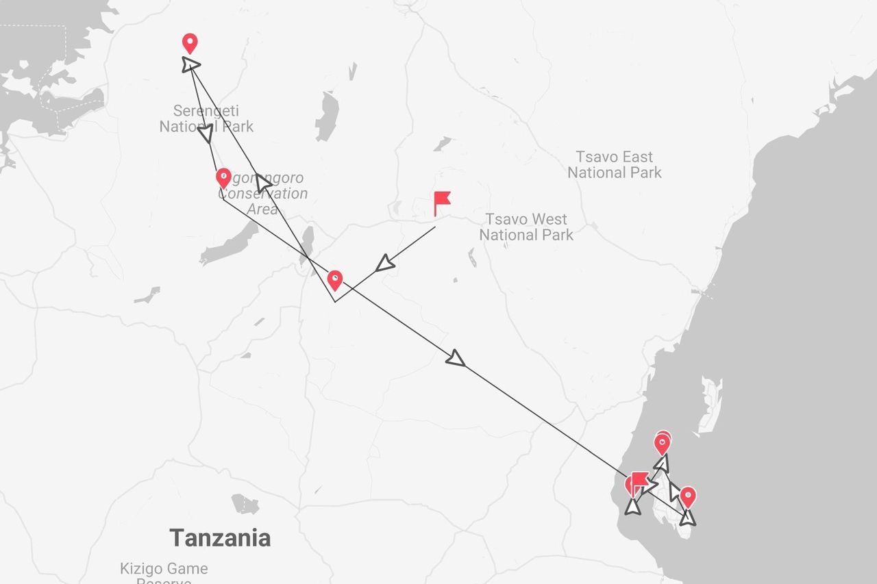 Un mapa que muestra una ruta de viaje en Tanzania, conectando el Parque Nacional Serengueti, el Área de Conservación de Ngorongoro y la costa.