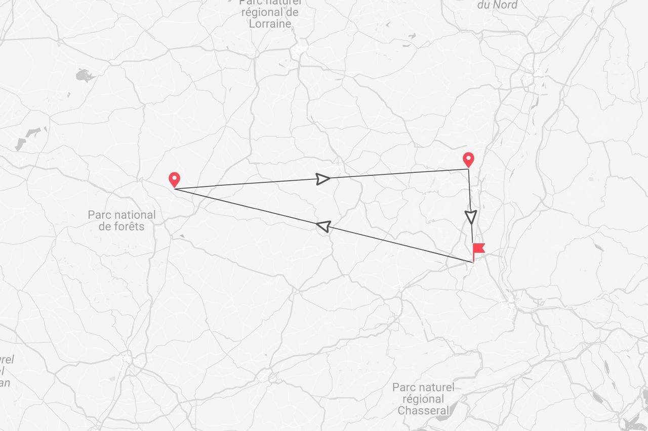 Un mapa estilizado que muestra una ruta de viaje por una región de Francia, conectando varios puntos cerca del Parque nacional de Bosques.