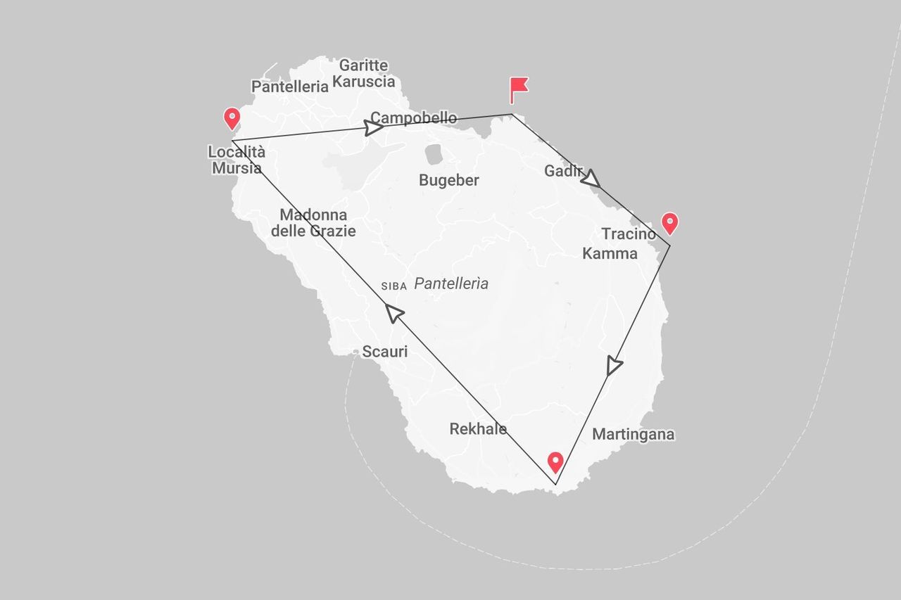 Mappa dell'isola di Pantelleria con itinerario di viaggio e tappe a Mursia, Campobello, Gadir e Rekhale.