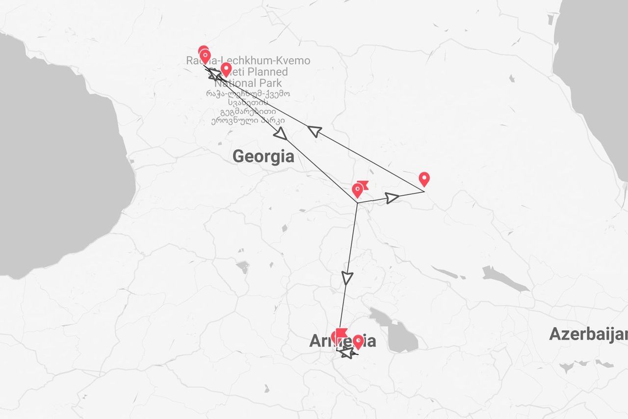 A map showing a travel itinerary with red pins and a connecting line through the countries of Georgia and Armenia.