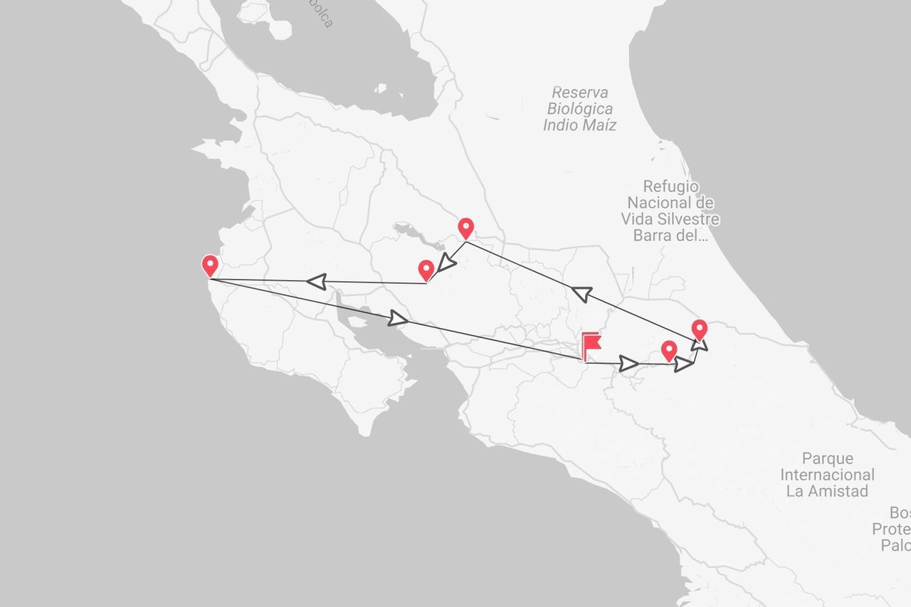 Une carte d'itinéraire montrant un parcours à travers le Costa Rica, avec des points d'intérêt près de la Reserva Biológica Indio Maíz et du Parque Internacional La Amistad.