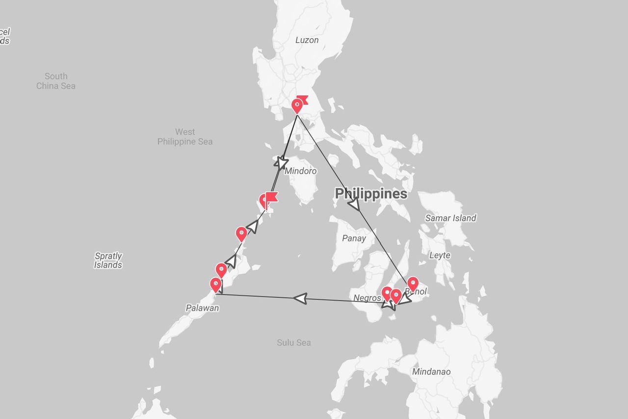 Una mappa delle Filippine che mostra un itinerario di viaggio con tappe sulle isole di Luzon, Palawan e Negros.