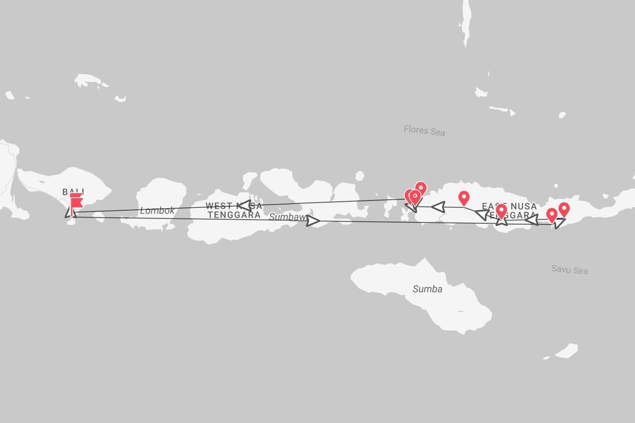 Eine Karte von Indonesien, die eine Reiseroute zeigt, die in Bali beginnt und ostwärts über Lombok, Sumbawa und Ost-Nusa Tenggara führt.