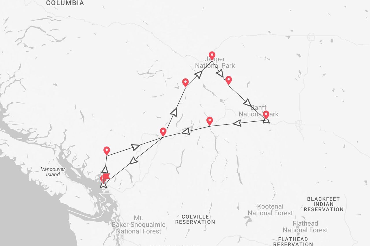 Karte mit Reiseroute durch Westkanada, mit markierten Orten im Jasper-Nationalpark und Banff-Nationalpark.