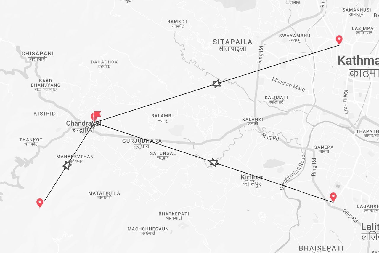 Eine Karte mit einer Reiseroute zu verschiedenen Sehenswürdigkeiten in Kathmandu, darunter Chandragiri, Kirtipur und Lalitpur.