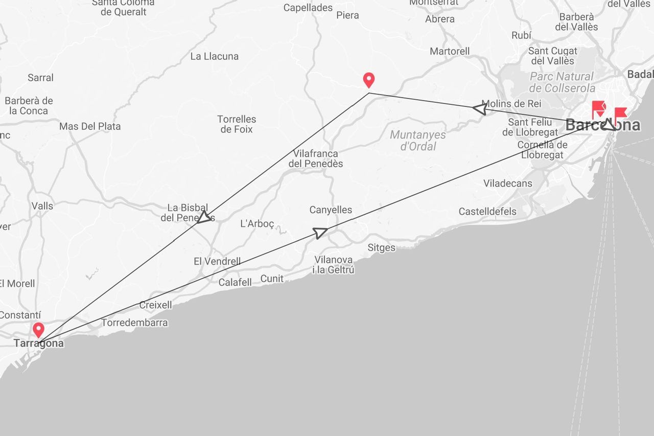 Una mappa in bianco e nero che mostra un itinerario di viaggio tra Barcellona, Tarragona e altre località della Catalogna, in Spagna.