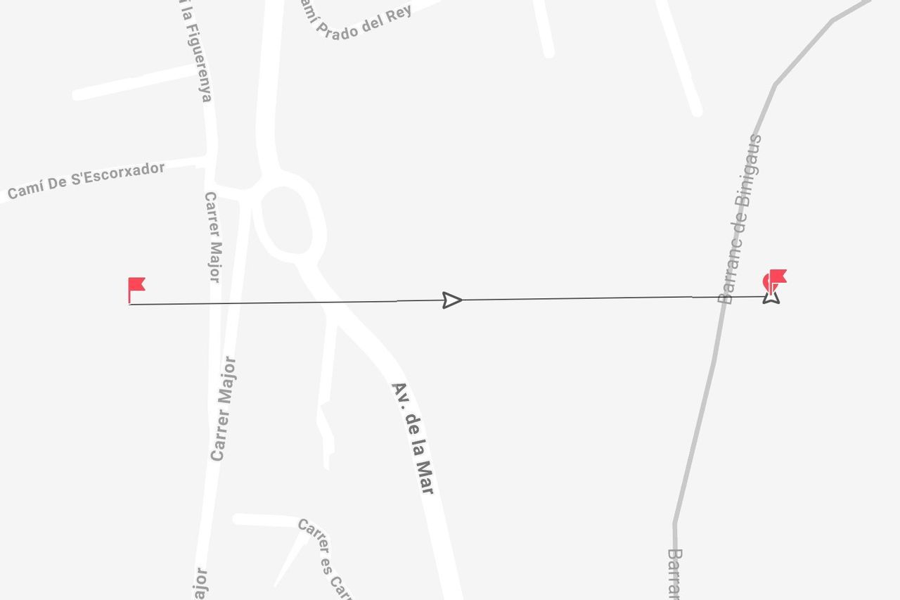 Una mappa stradale che indica un percorso con punti di partenza e arrivo, che attraversa Carrer Major e termina a Barranc de Binigaus.