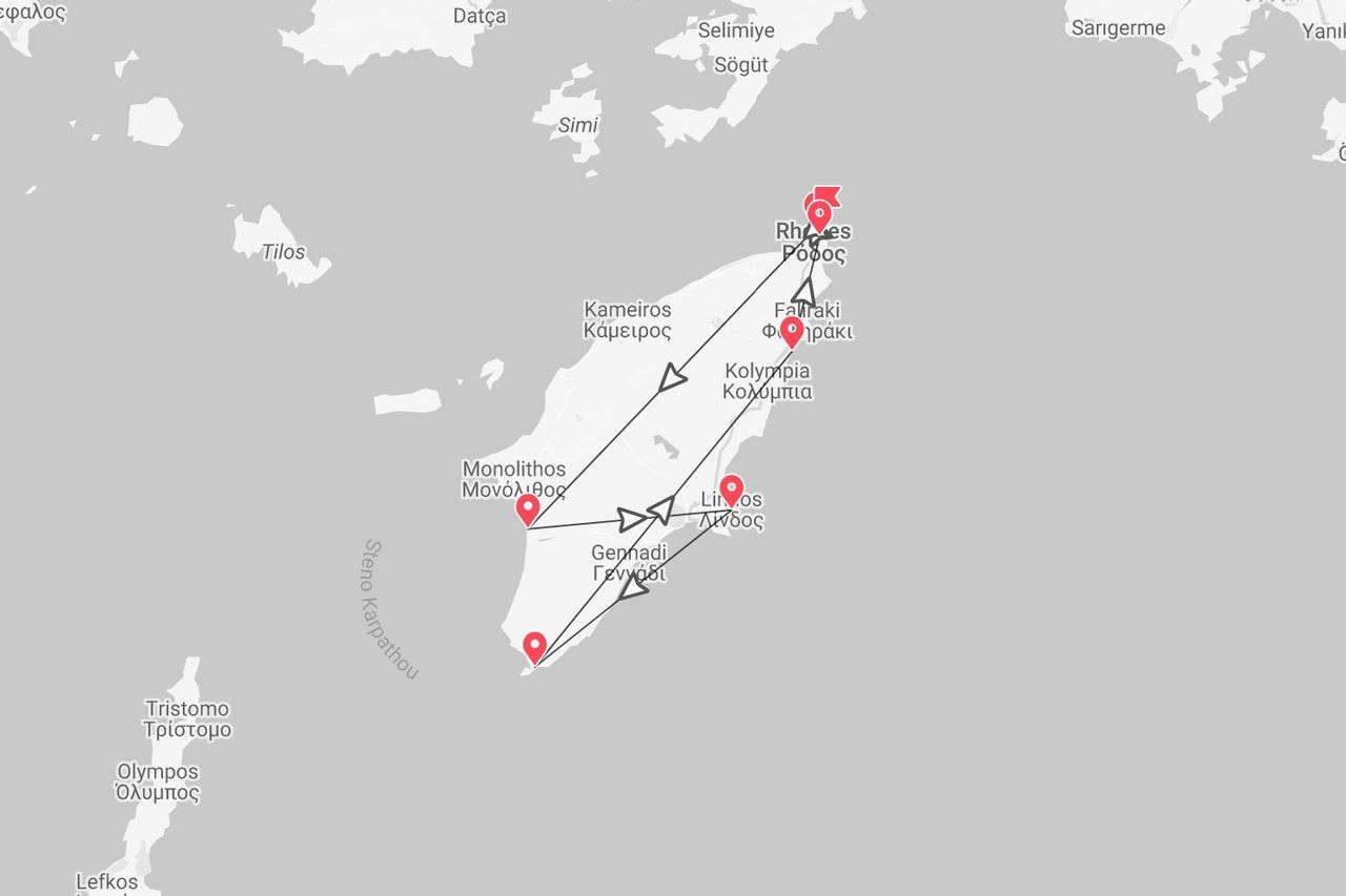 Una mappa dell'isola di Rodi che mostra un itinerario di viaggio con tappe a Faliraki, Lindos, Gennadi e Monolithos.