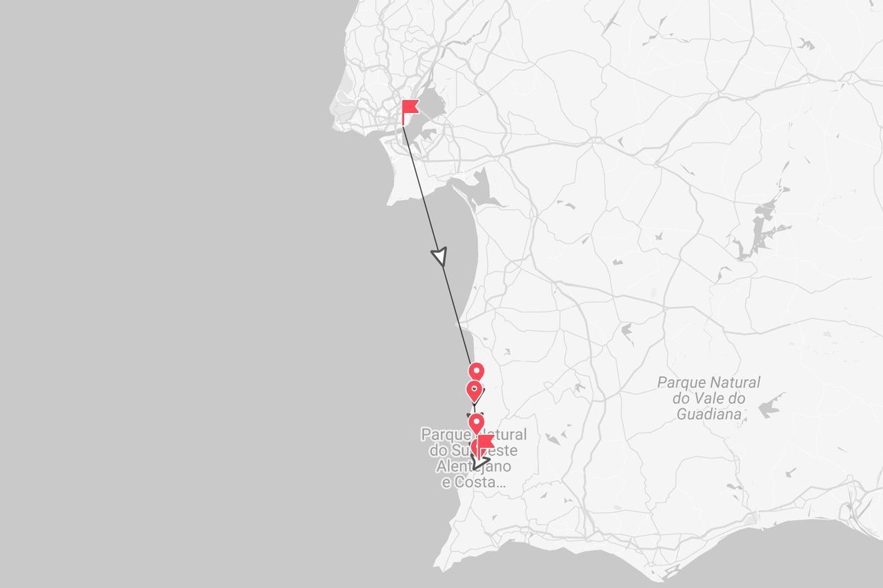 Mappa di un itinerario di viaggio lungo la costa del Portogallo, con segnaposto nel Parque Natural do Sudoeste Alentejano.