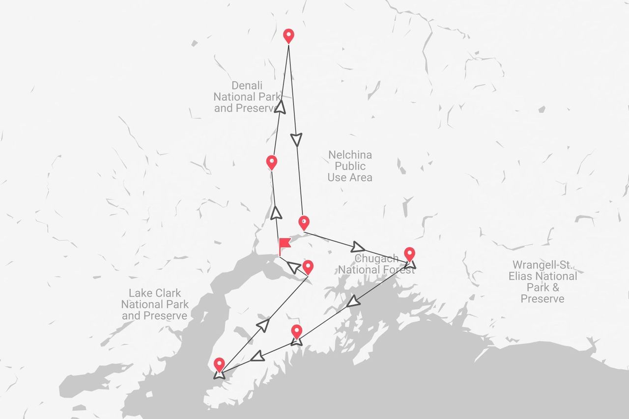 A map showing a travel itinerary through Alaskan parks, including Denali, Lake Clark, and Chugach National Forest.