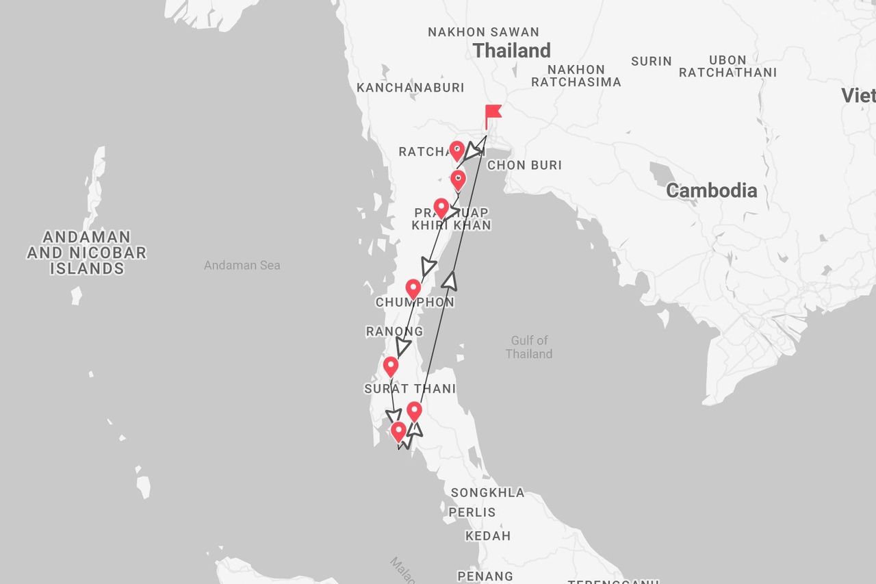 Mapa de Tailandia con ruta de viaje al sur por la península, con paradas en Ratchaburi, Chumphon y Surat Thani.