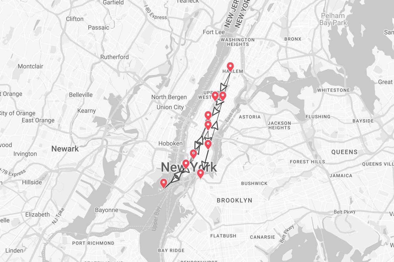Eine Graustufenkarte von New York City mit einer Reiseroute, markiert mit roten Stecknadeln und einer schwarzen Linie, die durch Manhattan verläuft.