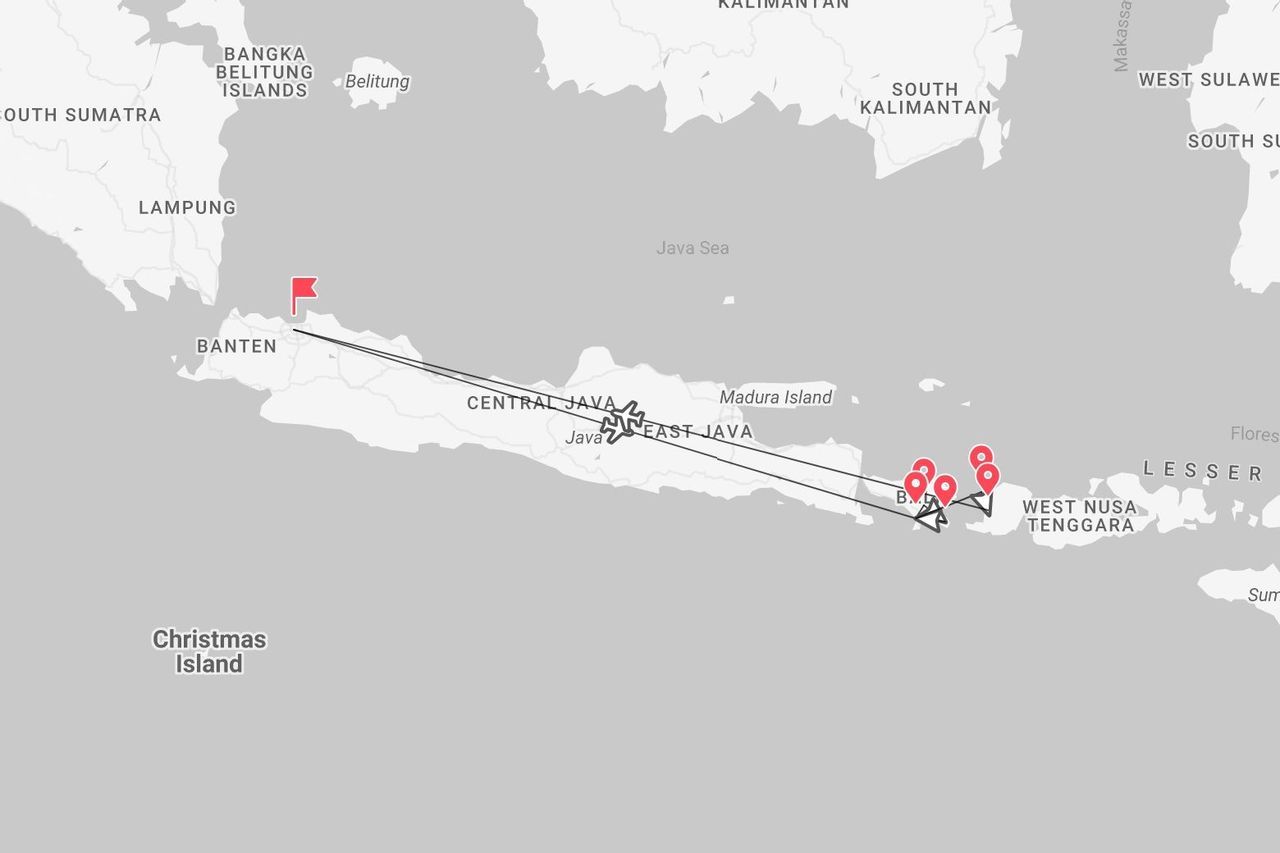 Una mappa dell'Indonesia che mostra un itinerario di viaggio da Banten, attraverso Giava, fino a Bali e Nusa Tenggara Occidentale, con linee di percorso e segnaposto.