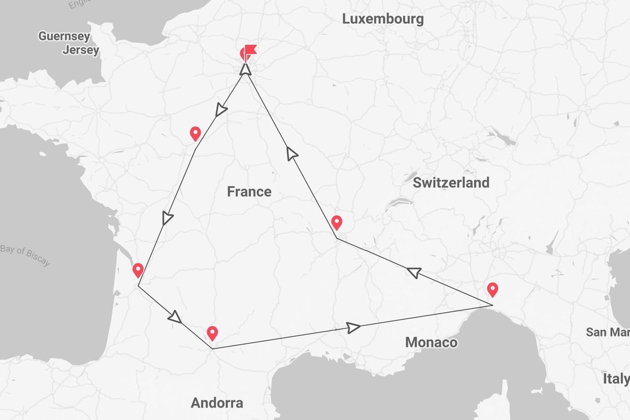 Mappa di un itinerario di viaggio in Francia, contrassegnato da una linea nera e puntine rosse, con partenza a nord e percorso ad anello nel paese.