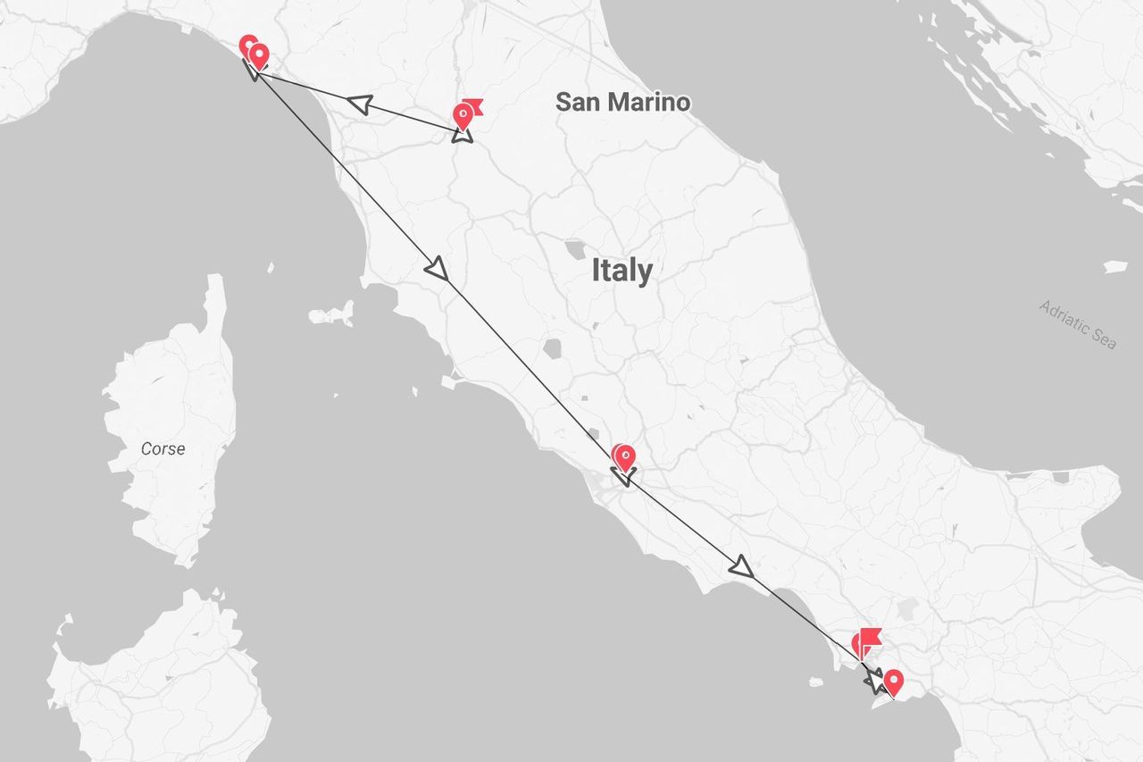 A map of Italy showing a travel itinerary with red pins connected by a black line, passing near San Marino and Corse.