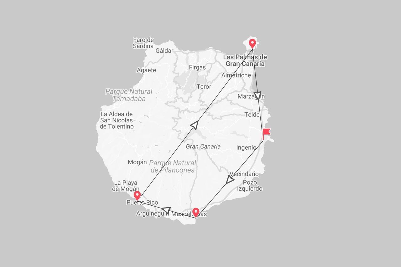 Mappa di Gran Canaria con itinerario di viaggio che collega Las Palmas de Gran Canaria, Maspalomas e Puerto Rico.