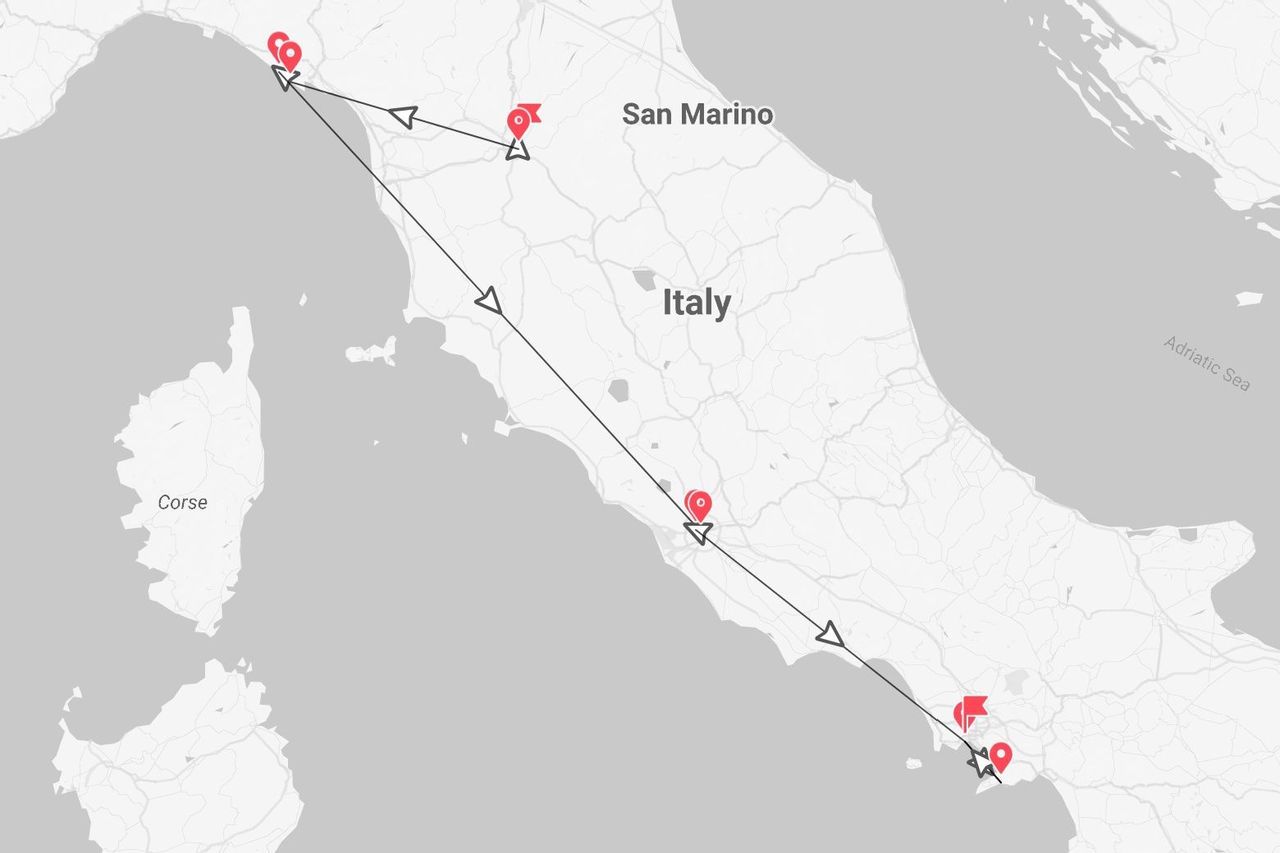 Une carte de l'Italie montrant un itinéraire de voyage. Le parcours est balisé par une ligne noire et des épingles rouges, s'étirant du nord au sud.