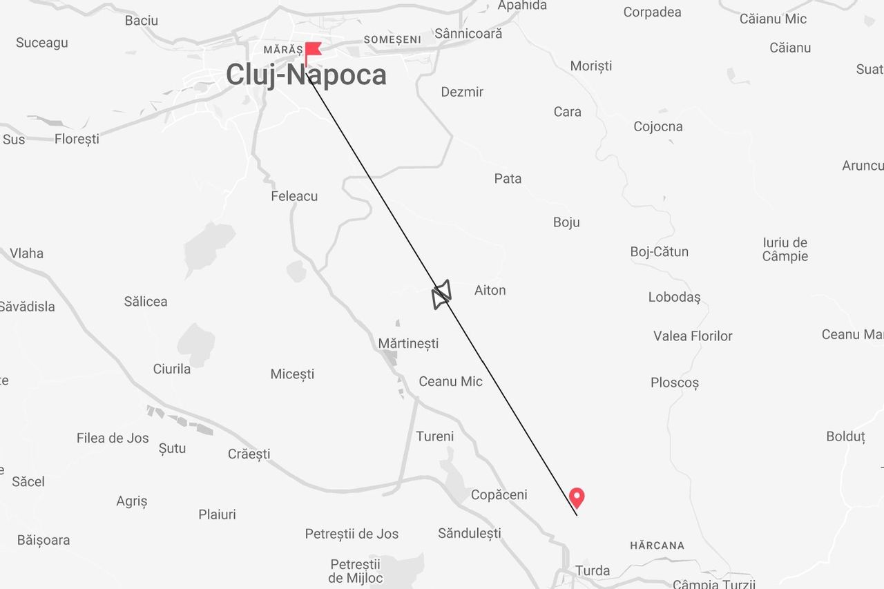 Mappa del percorso diretto da Cluj-Napoca a una destinazione vicino a Copăceni e Turda.