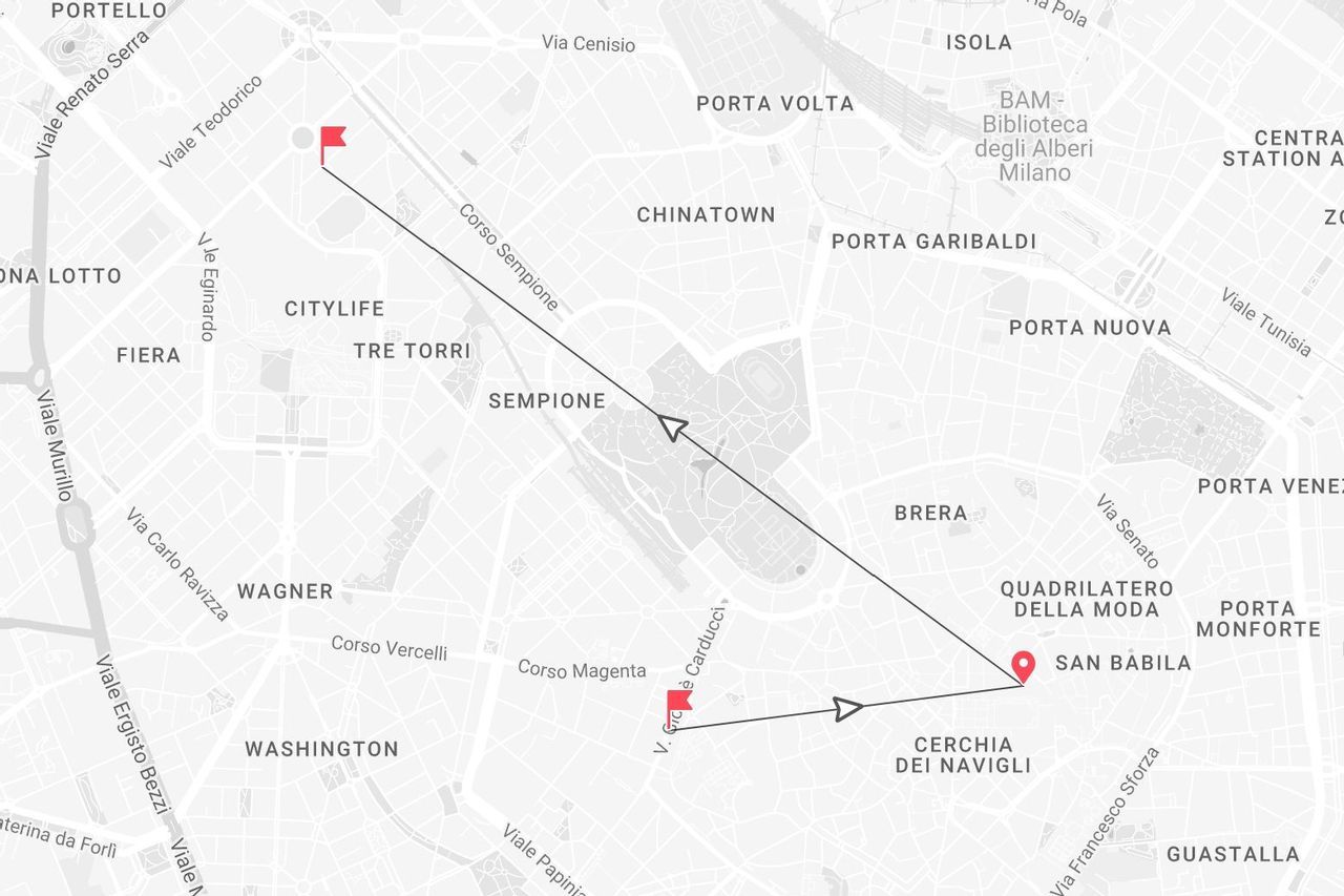 Un mapa de Milán que muestra una ruta con marcadores conectando los distritos de Citylife, Sempione y San Babila.