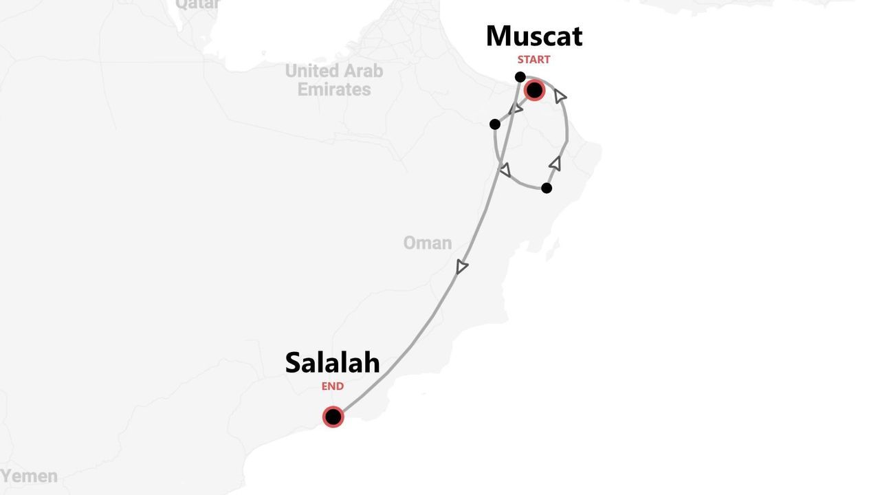Una mappa dell'Oman che mostra un itinerario turistico con partenza da Mascate e arrivo a Salalah.